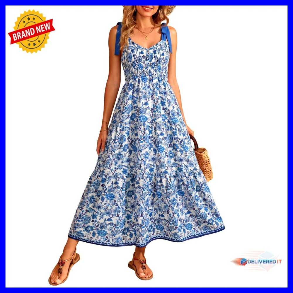 Summer Floral Maxi Dress With Adjustable Straps And Smocked Bodice